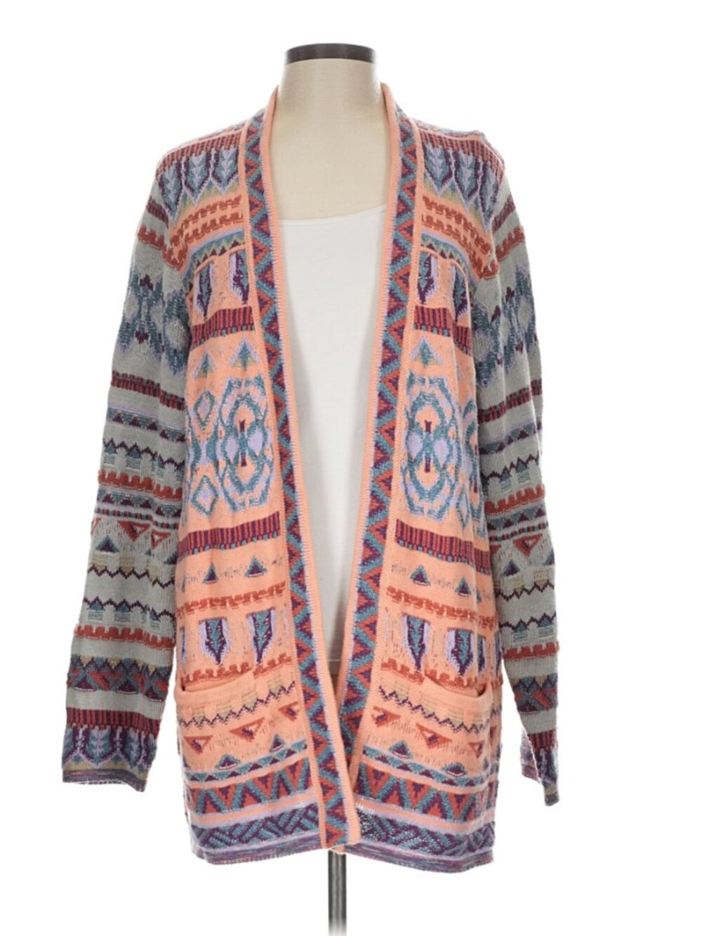 Sundance Orange Geometric Aztec Fair Isle Knit Open Cardigan Sweater - Size L